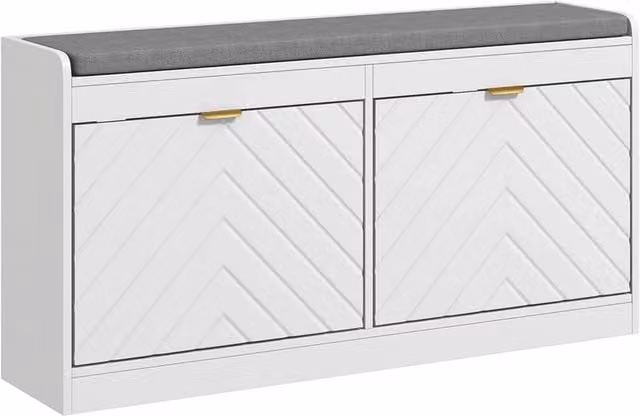 Nordara Modern White and Gold Shoe Bench with Fabric Cushion and 2 Flip Drawers for your Hallway