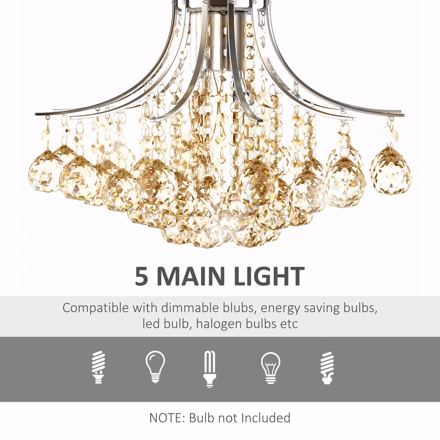 HOMCOM Elegant Crystal Ceiling Light, Round Chrome and Transparent Pendant Lamp – 2