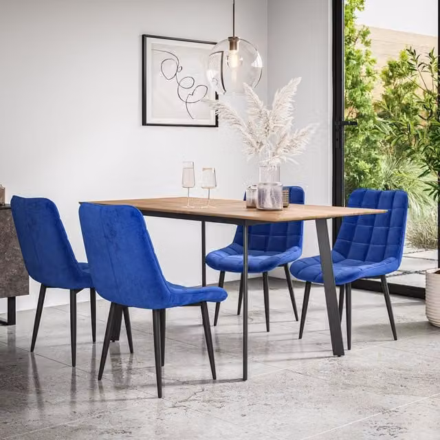 More4Homes Haydon Extending Dining Table and 6 Blue Nova Velvet Dining Chairs Set, Oak Effect Top with Black Legs, W/D/H: 120 x 80 x 76 cm