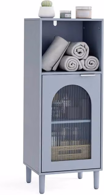 Kelvenix Freestanding Wood Side Storage Cabinet with Glass Doors in Grey