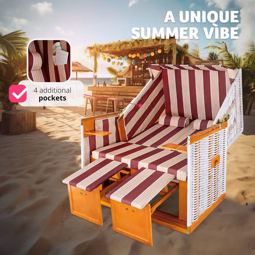 tectake Sylt 2 Seater Beach Chair in Red with Cushions, Footrest, Sun Canopy and Rain Cover – 8