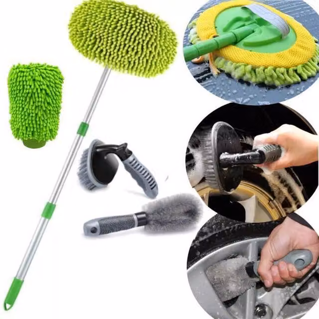 VOGREX Car Wash Cleaning Kit with Microfibre Mitt, Mop and Wheel Brush Set in Green