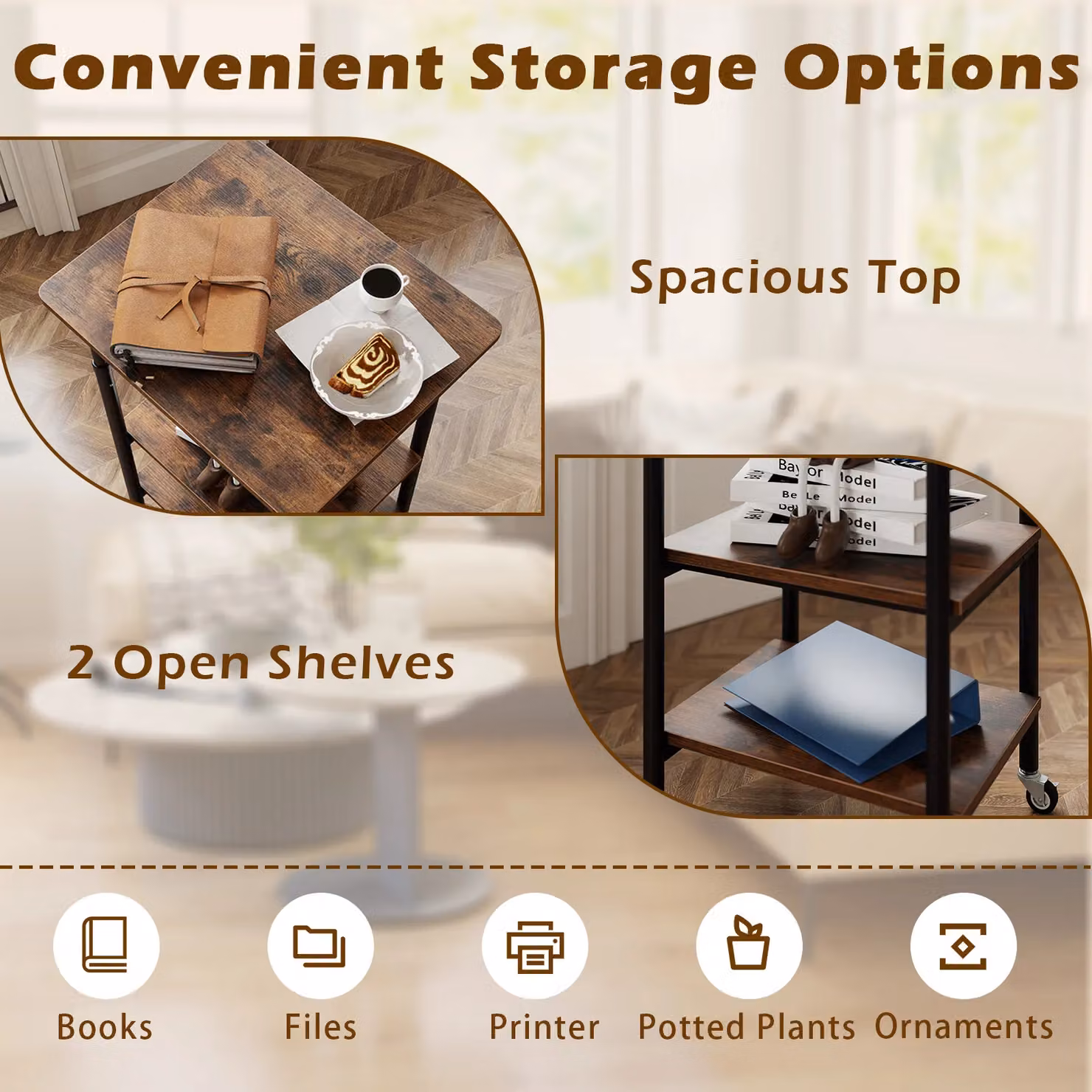 Costway 3-Tier Height Adjustable Printer Stand and Cart with Storage in Brown – 10