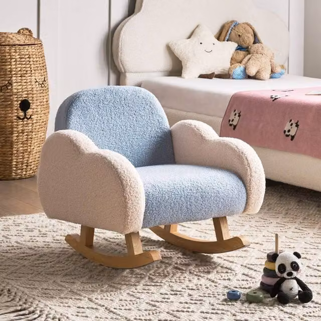 Wyld and Coco Kids Rocking Chair in Blue Boucle with Armrests