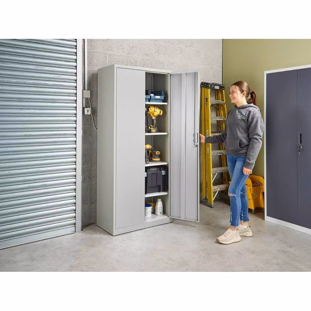 FLAVORA Grey Metal Storage Cabinet with 2 Locking Hinged Doors and Adjustable Internal Shelves – 2