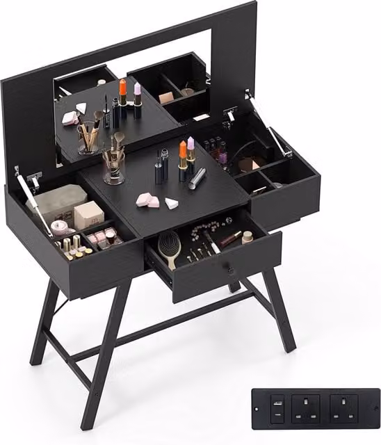 Costway Modern Black Flip Top Vanity Desk with Mirror and Metal X-Frame Design – 1