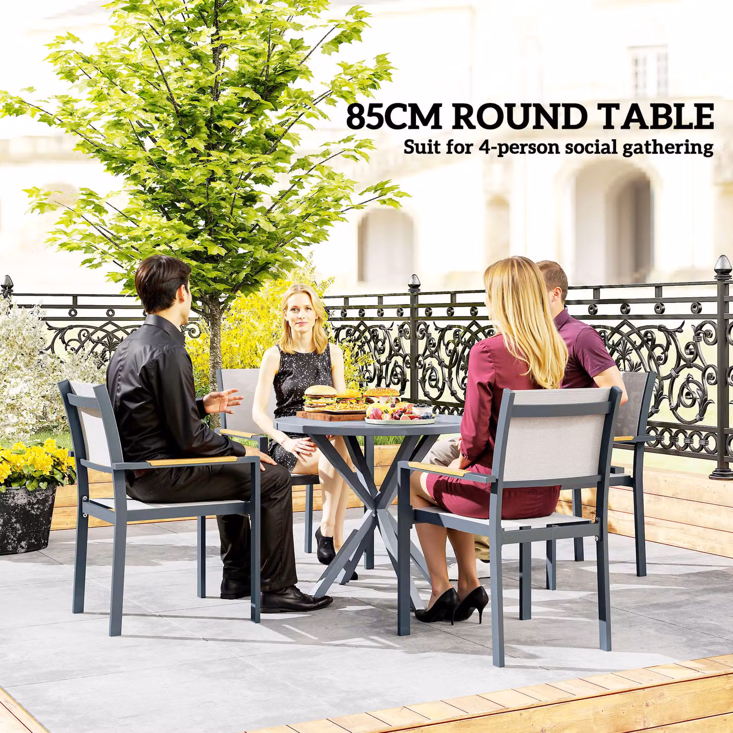 Outsunny Round Garden Dining Table with Wood Effect MDF Top and Powder Coated Steel Frame, Grey, Diameter: 85 cm – 4