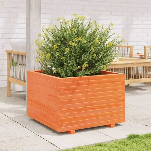 Berkfield Home Beautiful Garden Planter Tub in Brown Solid Wood, W: 70 cm, D: 70 cm, H: 49.5 cm
