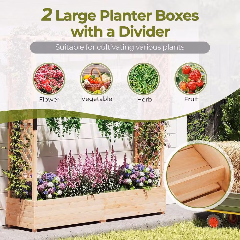 Costway Fir Wood Raised Garden Bed with Trellis in Sand/Brown, W/D/H: 182.0 x 41.0 x 174.0 cm – 6