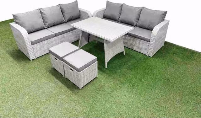 Fimous 7-Seater Patio Dining and Lounge Set in Light Grey PE Rattan with Dark Grey Fabric and 5mm Tempered Glass Table