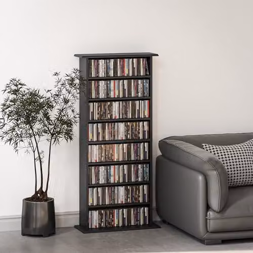HOMCOM Black Media Storage Unit with 6 Adjustable Shelves for CDs and DVDs – 8