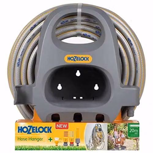 Hozelock Wall Mounted Hose Hanger with 20m Hose and Fitting Set in Grey and Yellow – 1