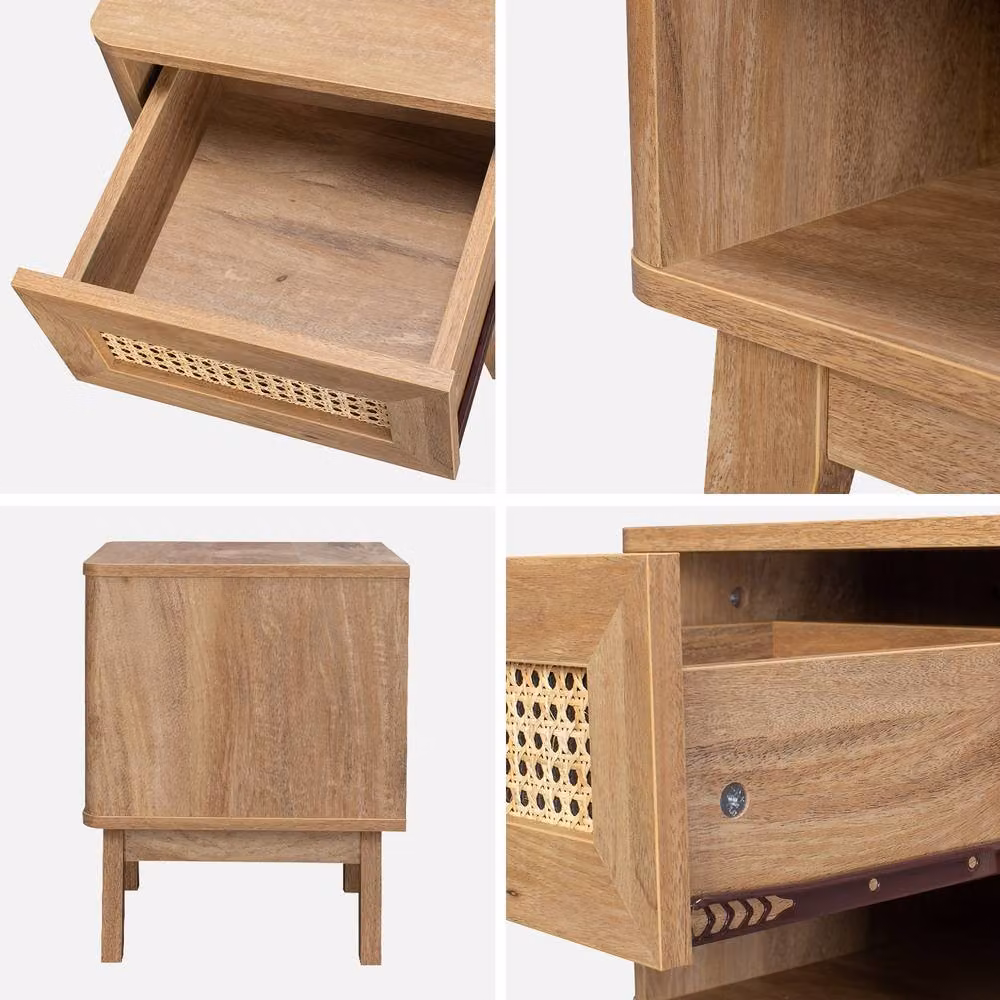 sweeek Bedside Table with Drawer and Niche in Light Brown Wood Effect and Cane, W/D/H: 39 x 30 x 49 cm – 3
