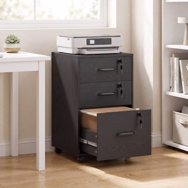 ERGOVEXA Three Drawer Black Metal Filing Cabinet with Lock and Castors