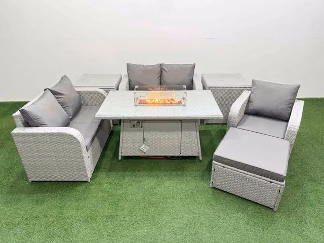 Fimous Grey Poly Rattan Garden Furniture Set with High Back Reclining Chair, Loveseat Sofa, Firepit Dining Table and Stools