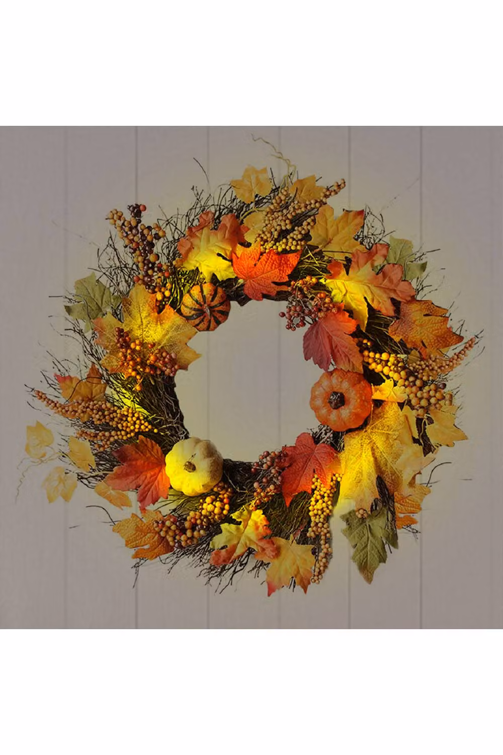 H&O Direct Multicolour Autumn Wreath with Maple Leaves, Pumpkins, Berries and 2m LED Lights, Diameter: 60 cm – 2