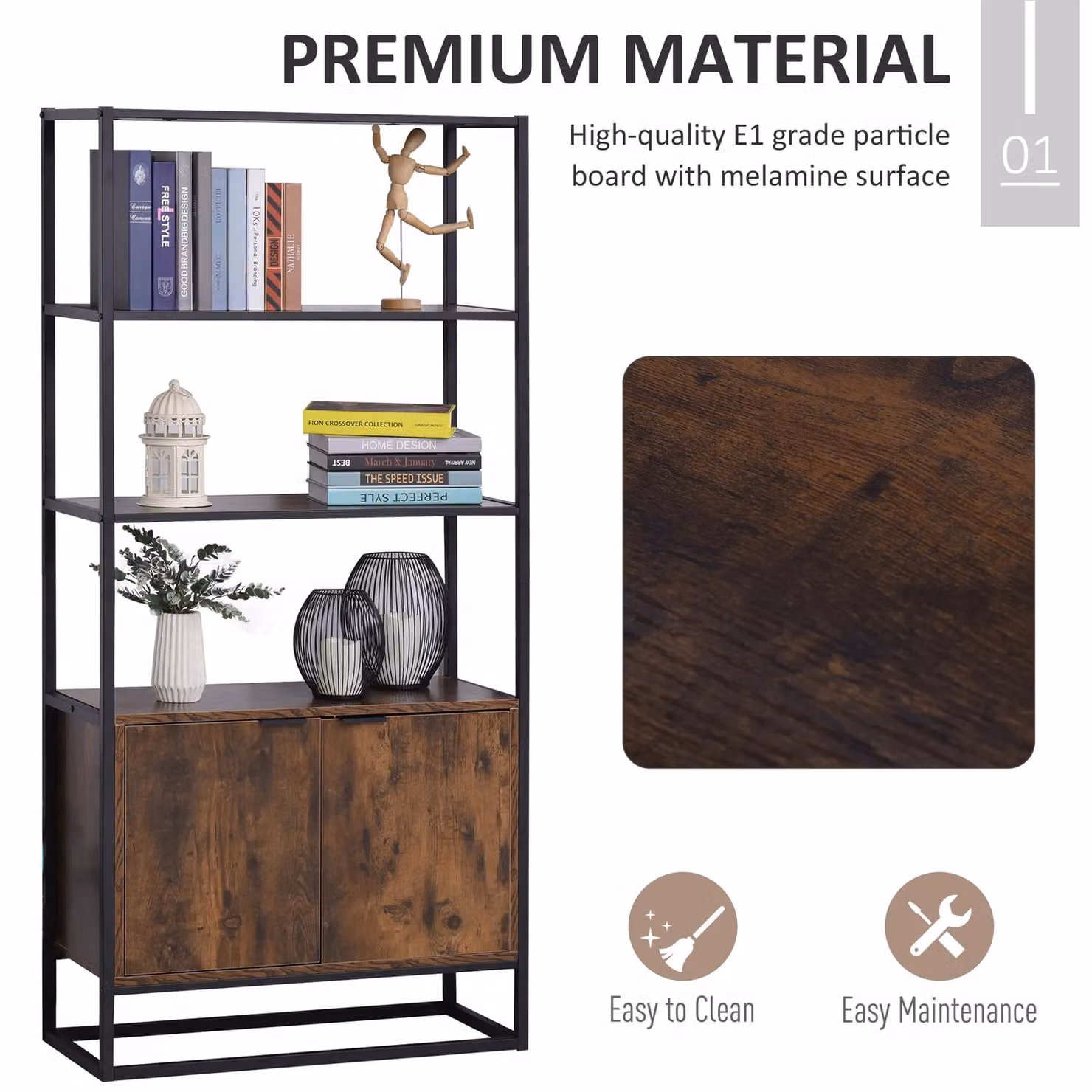 HOMCOM Industrial Storage Cabinet with 3 Open Shelves in Brown and Black – 3