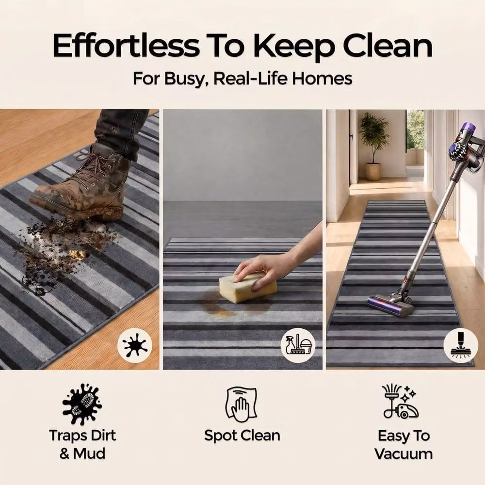 Bravich LTD Modern Striped Grey Hallway Runner Rug, Non-Slip Low Pile Polypropylene, W: 60 cm, L: 810 cm – 6