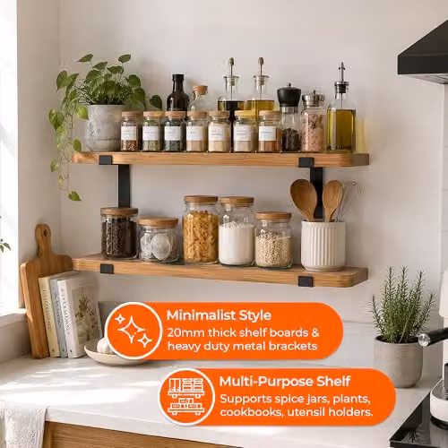 Innoteck 2 Tier Floating Wall Mounted Shelves in Oak Effect with Black Metal Brackets, Width: 60 cm – 4