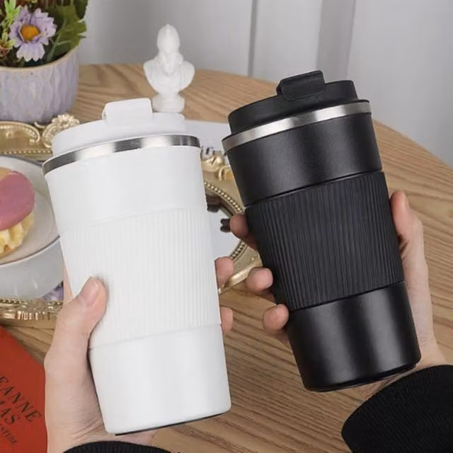 Lovii Elite Vacuum Insulated Stainless Steel Travel Mug with Lid, Black and White, 380 ml – 1