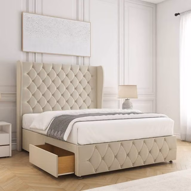 BSSPOKE Faye Velvet Divan Bed Set in Beige with 54 inch Headboard, 2 Drawers and Mattress, Super King Size (200 x 200 cm)