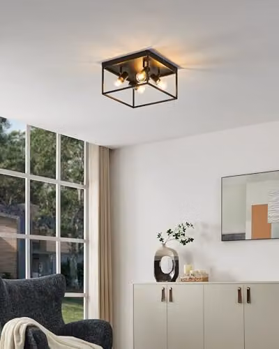 Eglo Silentina 4-Light Industrial Flush Ceiling Light in Black Metal and Transparent Glass – 3