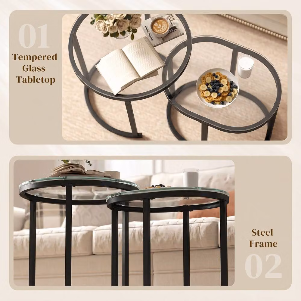 HOMCOM Set of 2 Modern Round Coffee Tables with Black Metal Frames and Transparent Tempered Glass Tops – 5