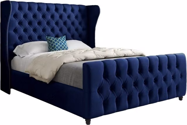 Casani Chesterfield Upholstered Velvet Bed Frame in Blue, Small Single