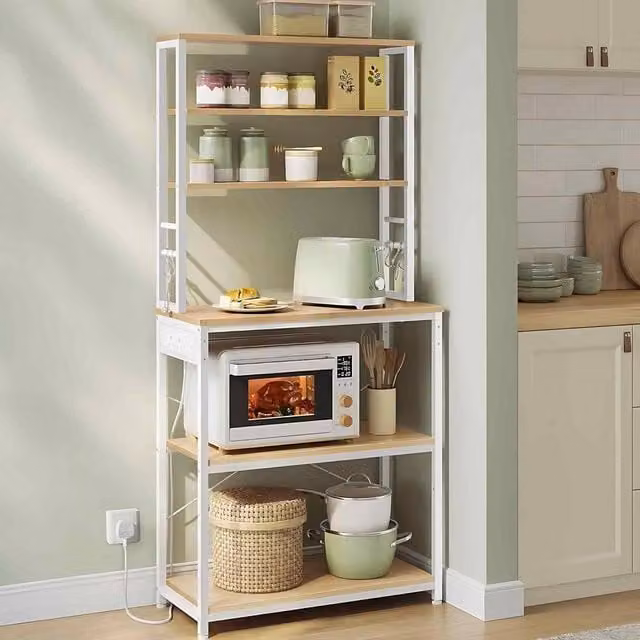The Bazaarist Coffee Bar Cabinet with Power Outlet and 6 Hooks, Oak and White