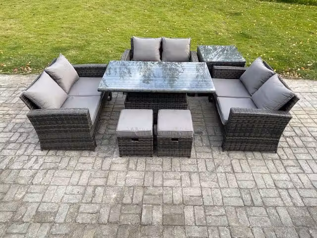Fimous 7 Piece Outdoor Lounge Sofa Set in Dark Grey PE Rattan with Rising Lifting Table and Double Seat Sofa