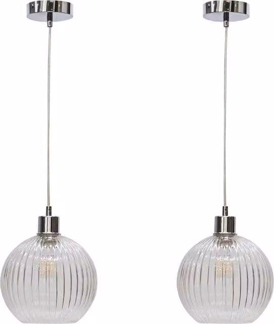 First Choice Lighting Betchley Set of 2 Suspended Pendant Lights with Transparent Ribbed Glass Globes and Chrome Finishes – 1