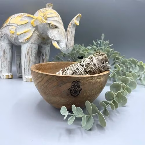 KDMD Brown Wooden Hamsa Smudge and Ritual Offerings Bowl, W/D/H: 13 x 13 x 7 cm