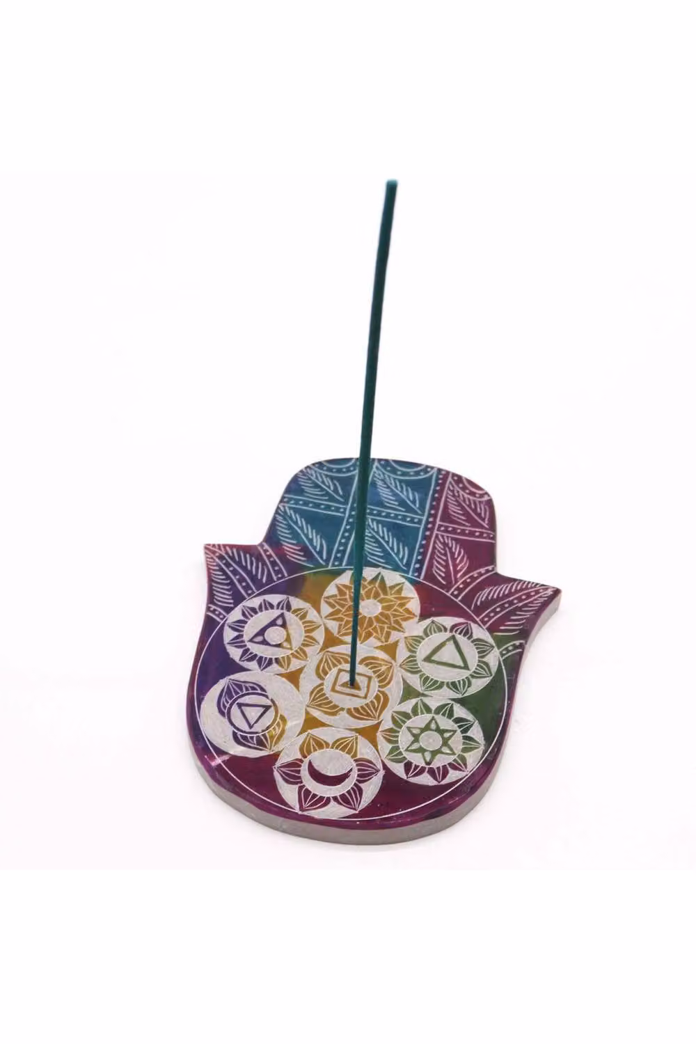 KDMD Large Multicolour Soapstone Hamsa Incense Holder with 7 Chakra Symbols – 2