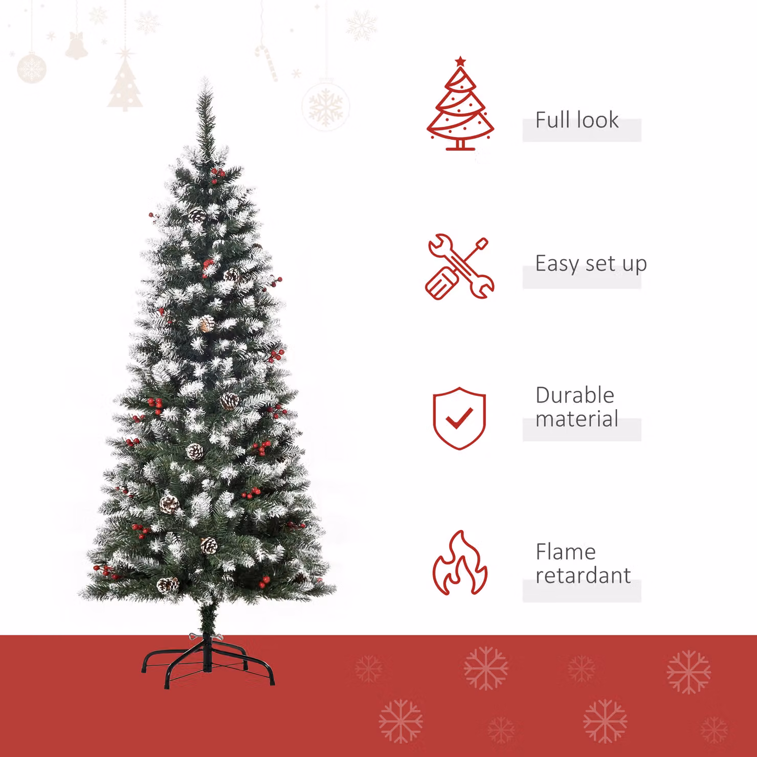 HOMCOM 5ft Green Pencil Christmas Tree with Red Berries and Pinecones – 4