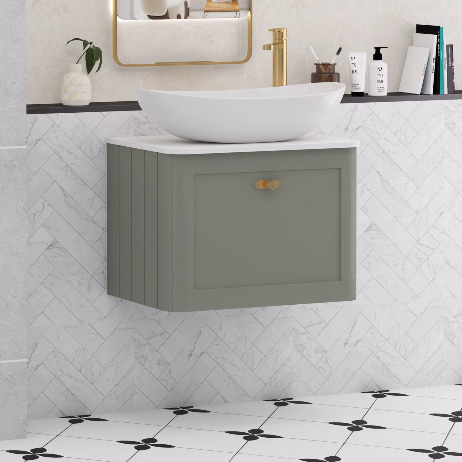 Royal Bathrooms Henley 600mm Sage Green Wall Hung Vanity Unit with 1 Drawer, Plain White Worktop, Cesar Basin and Brushed Brass Knob