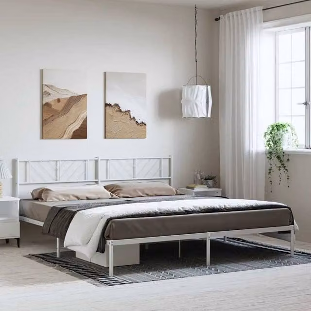 Berkfield Home Metal Bed Frame with Headboard in White, W: 183 cm, D: 187 cm, H: 90 cm