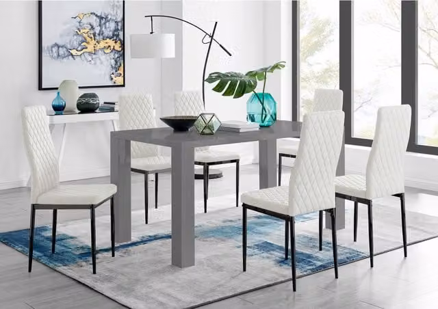 FurnitureboxUK Pivero Grey Rectangular Dining Table and 6 Milan Black Leg Chairs in White