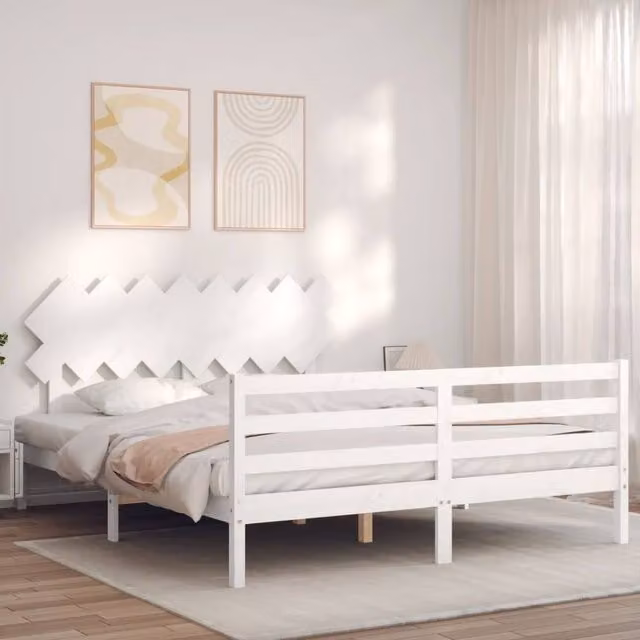 Berkfield Home Beautiful Solid Wood Bed Frame with Headboard in White, W/D/H: 160 x 200 x 81 cm