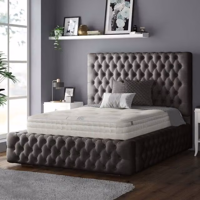 IH Design Royal Cushioned Chesterfield Upholstered Plush Velvet Bed Frame, Anthracite Grey, W/D/H: 90 x 190 cm