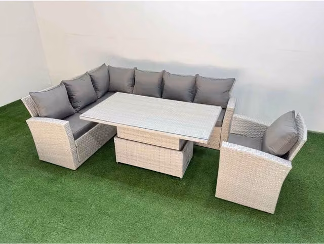 Fimous 7-Seater PE Rattan L-Shape Corner Sofa Set with Adjustable Lift Table and Upholstered Cushions in Light Grey