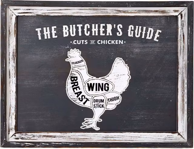 KDMD Round Rustic Wood Butchers Cuts Chicken Wall Plaque in White and Black, Diameter: 30.48 cm – 1