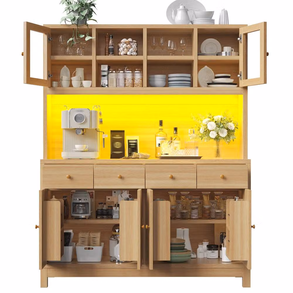 Merax Natural Oak Effect Kitchen Dresser with Glass Doors and Integrated LED Lighting, Brown, H: 180 cm x W: 140 cm x D: 38.5 cm – 5