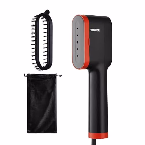Tower Handheld Garment Steamer with Ceramic Soleplate and Brush Attachment, 1400W, Black and Red – 1