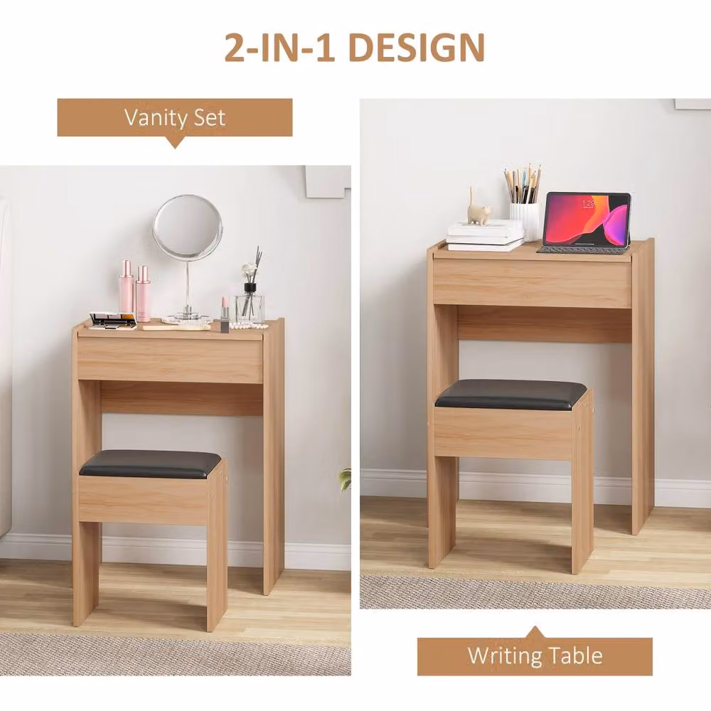 Wyld Haus Nolena Wood Effect Vanity Desk with Flip Mirror Storage and Cushioned Stool in Light Oak, W: 79.0 cm, D: 40.2 cm, H: 60.2 cm – 4