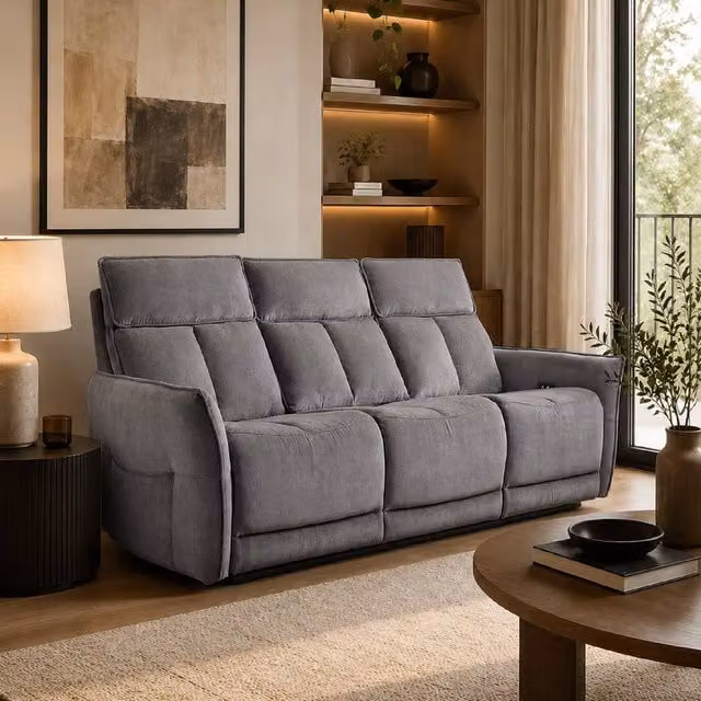 Aspire Grayson Three Seater Fabric Upholstered Power Recliner Sofa with USB Charging in Grey