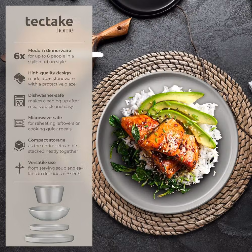 tectake Una 24 Piece Stoneware Dinnerware Set in Grey – 2