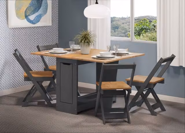 Mercers Furniture Corona Butterfly Dining Set with 4 Chairs in Distressed Charcoal Wax Mexican Pine Wood