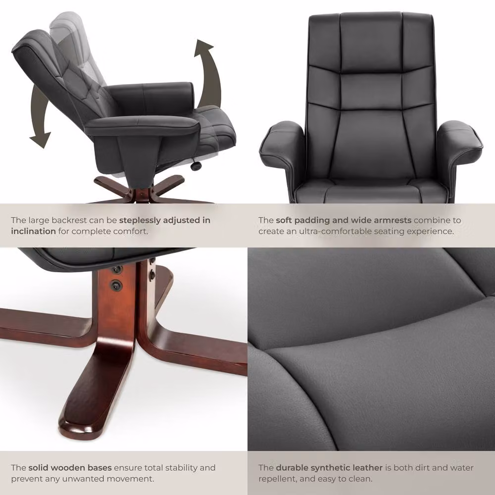 tectake Relax Recliner Armchair with Ottoman and Armrests, Black Synthetic Leather, Swivel and Adjustable Backrest – 5