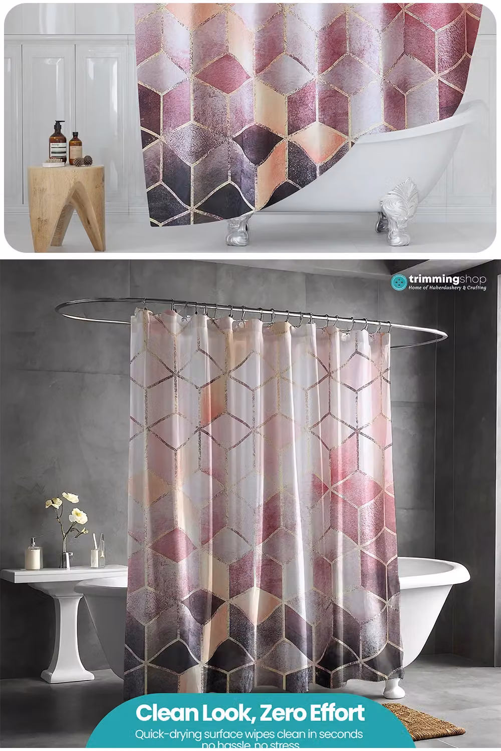 Neel Blue Geometric Pink Waterproof Shower Curtain with 12 Hooks, W/D/H: 180 x 180 x 180 cm – 3