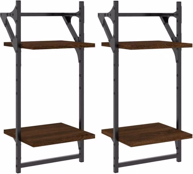 Berkfield Home 2-Tier Wall Mounted Shelves with Hanging Rods, Brown Oak, W/D/H: 30 x 25 x 65 cm